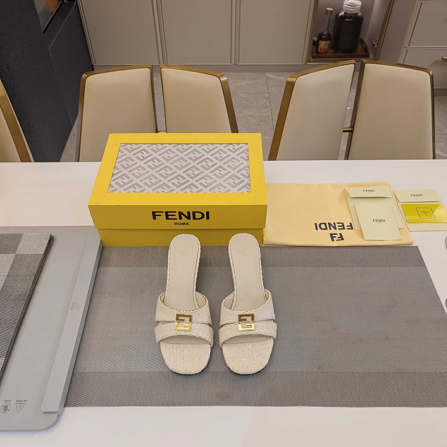 Fendi FFold Beige Cotton Fibre Medium-heel Sandals - FashionPlug