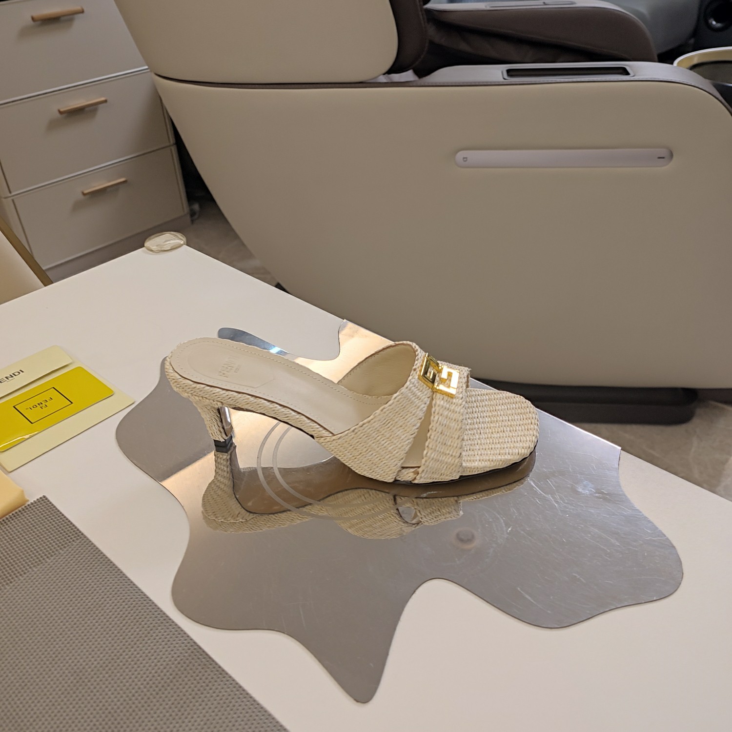 Fendi FFold Beige Cotton Fibre Medium-heel Sandals - FashionPlug
