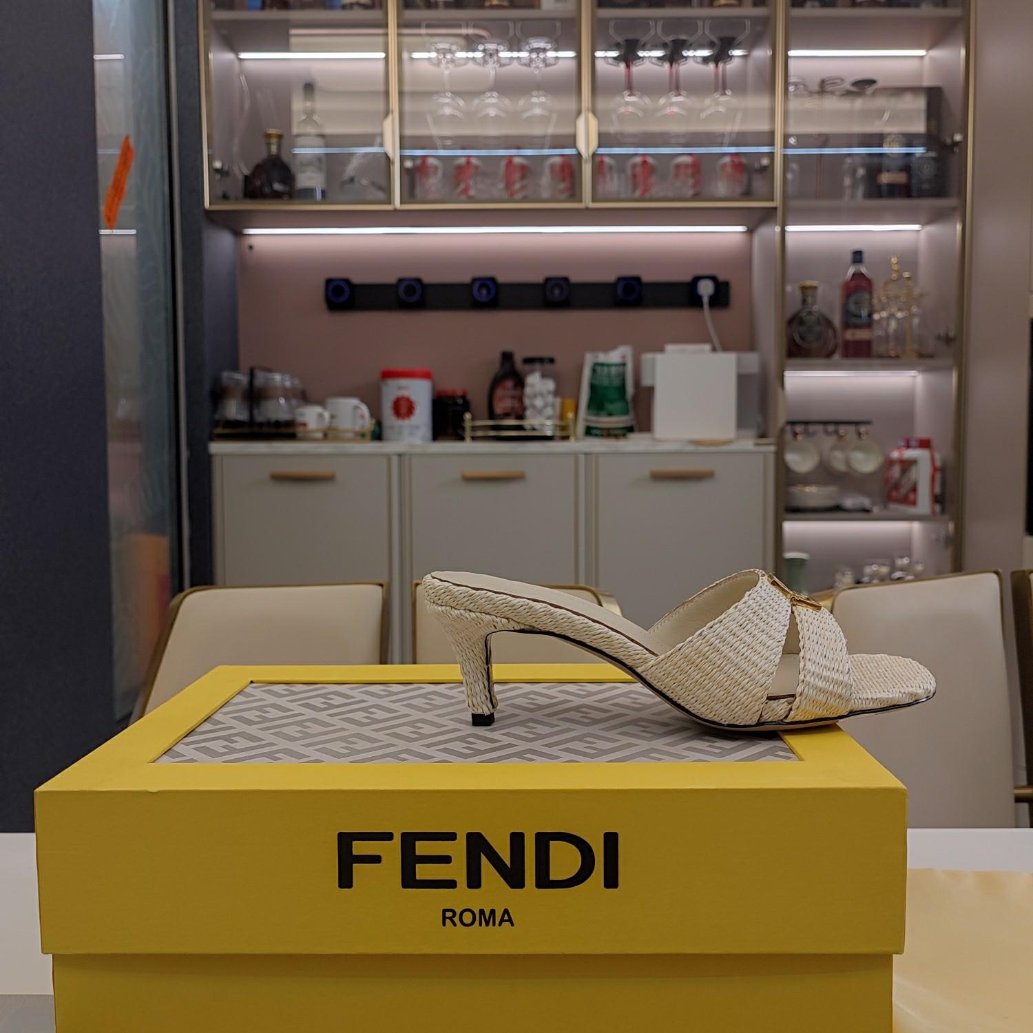 Fendi FFold Beige Cotton Fibre Medium-heel Sandals - FashionPlug