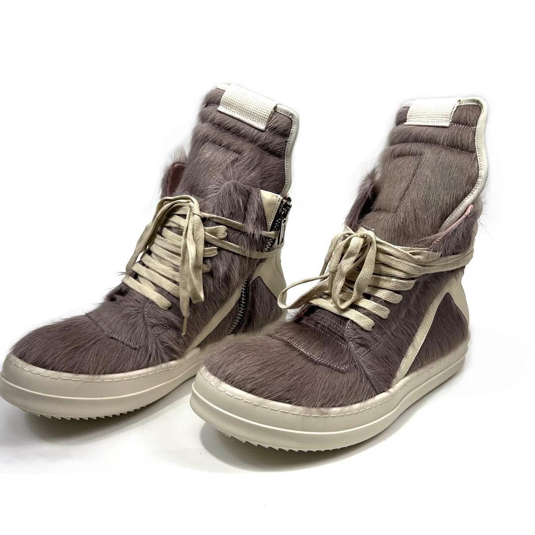 Rick Owens Geobasket Cow Fur Pale Pink Boots - FashionPlug