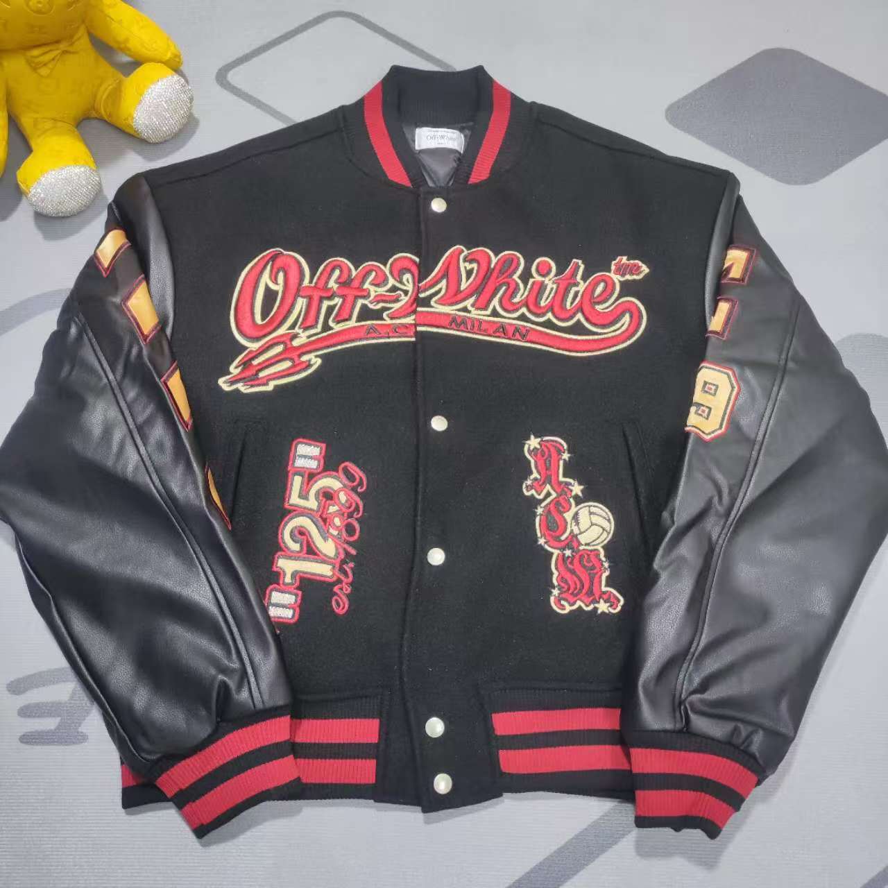 Off-White x Ac Milan 125th Anniversary Embroidered Varsity Jacket - FashionPlug