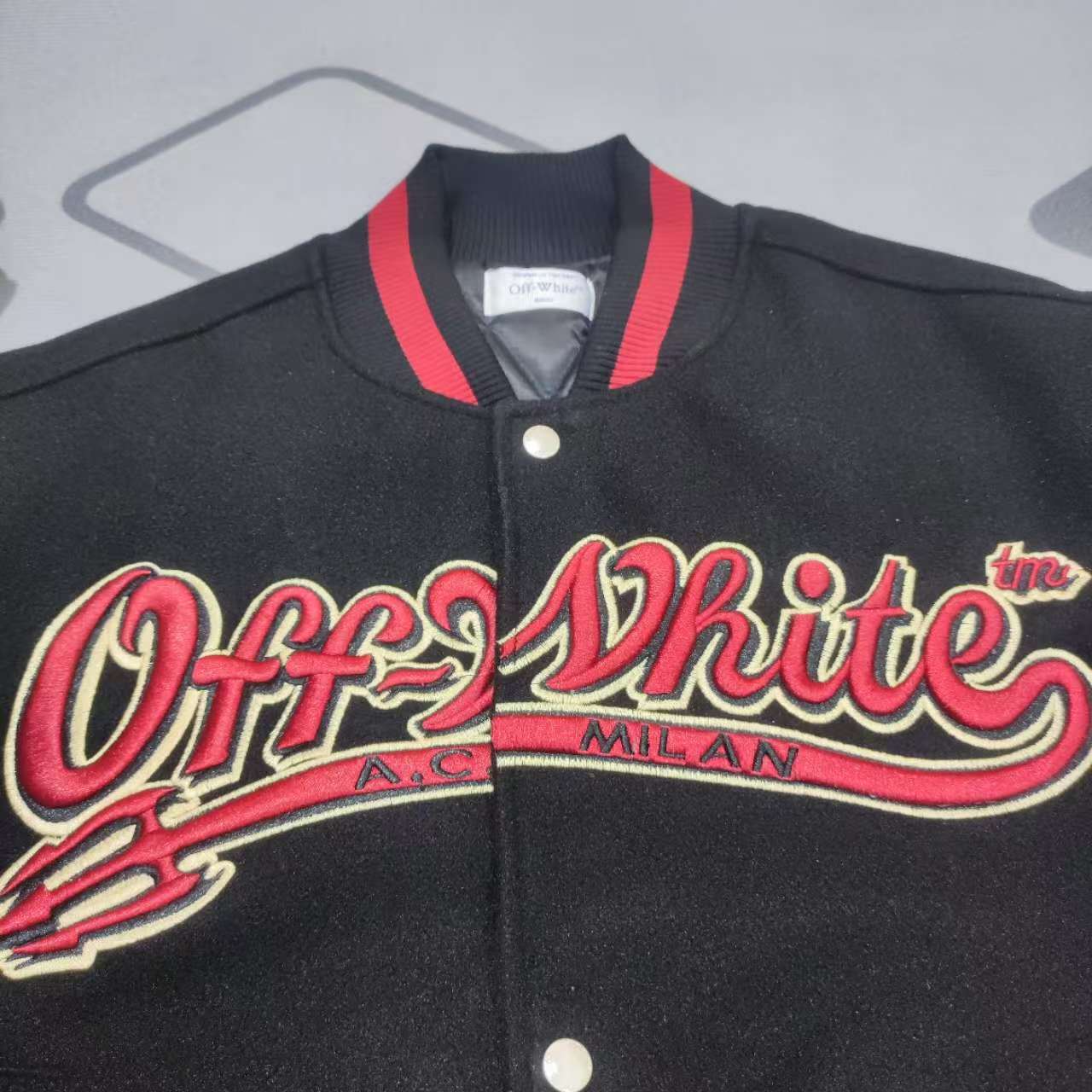 Off-White x Ac Milan 125th Anniversary Embroidered Varsity Jacket - FashionPlug