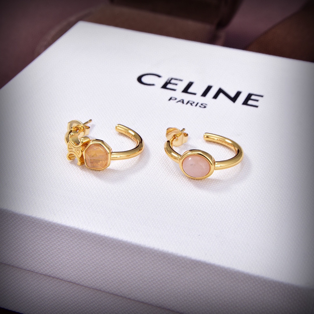Celine Triomphe Indie Hoops In Brass With Gold Finish,Rutilated Quartz And Pink - FashionPlug
