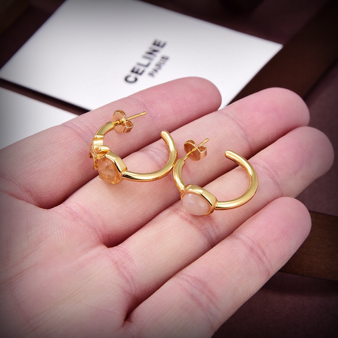Celine Triomphe Indie Hoops In Brass With Gold Finish,Rutilated Quartz And Pink - FashionPlug