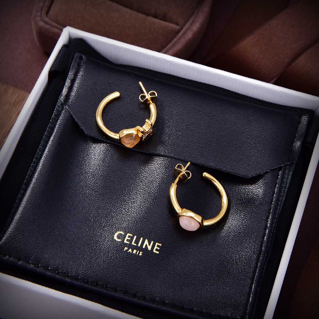 Celine Triomphe Indie Hoops In Brass With Gold Finish,Rutilated Quartz And Pink - FashionPlug