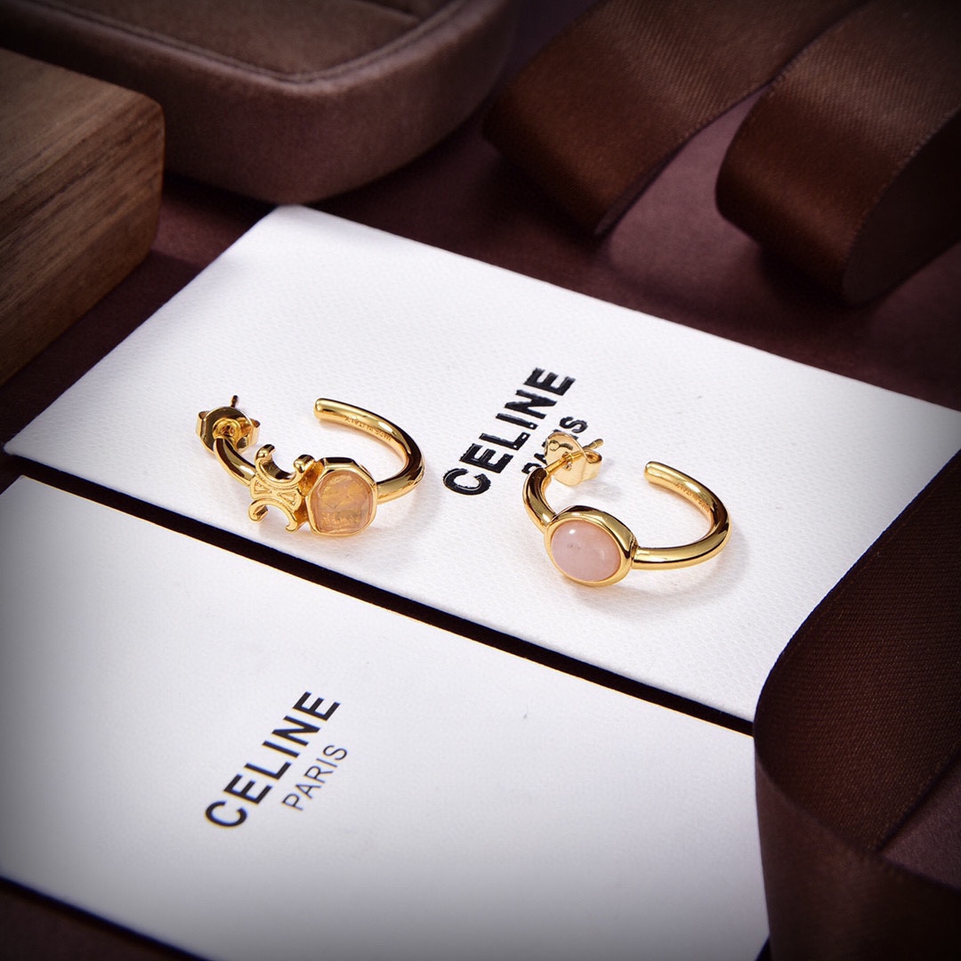 Celine Triomphe Indie Hoops In Brass With Gold Finish,Rutilated Quartz And Pink - FashionPlug