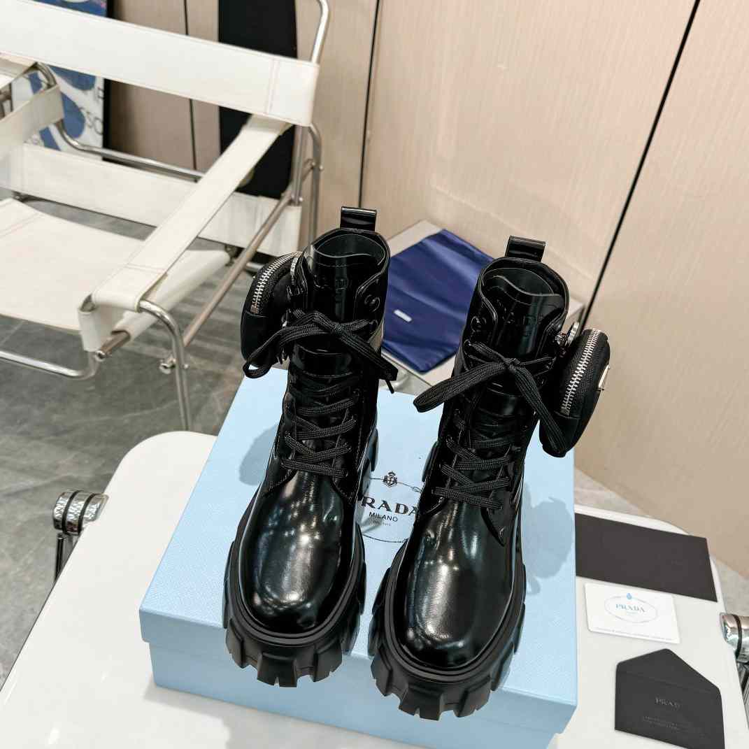 Prada Monolith Leather And Nylon Fabric Boots - FashionPlug