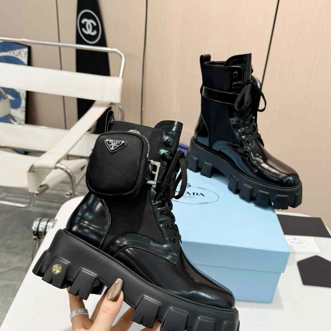 Prada Monolith Leather And Nylon Fabric Boots - FashionPlug