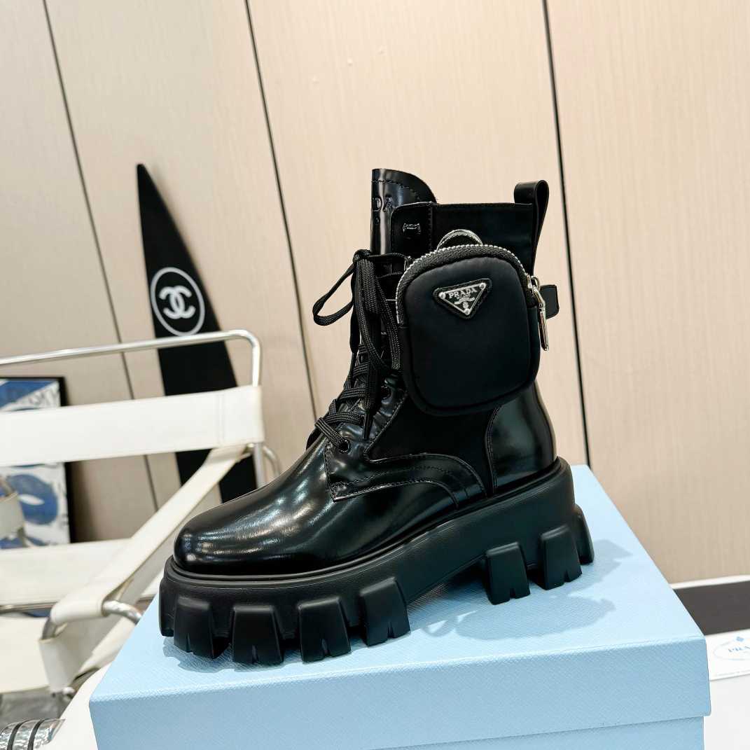 Prada Monolith Leather And Nylon Fabric Boots - FashionPlug