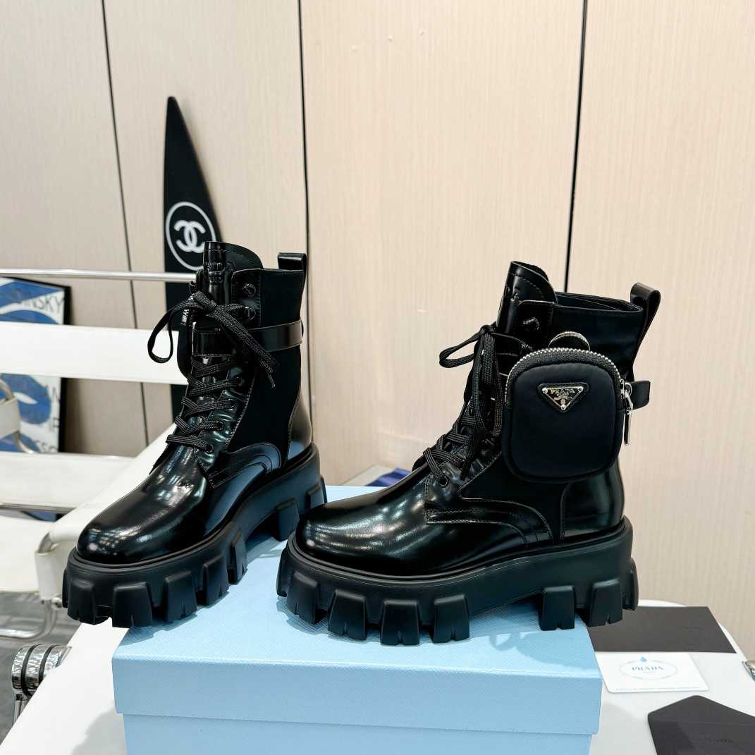 Prada Monolith Leather And Nylon Fabric Boots - FashionPlug