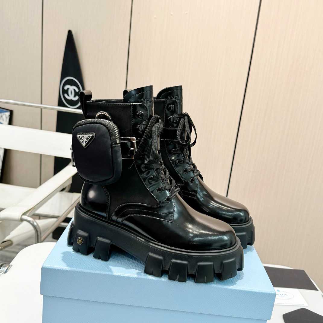 Prada Monolith Leather And Nylon Fabric Boots - FashionPlug