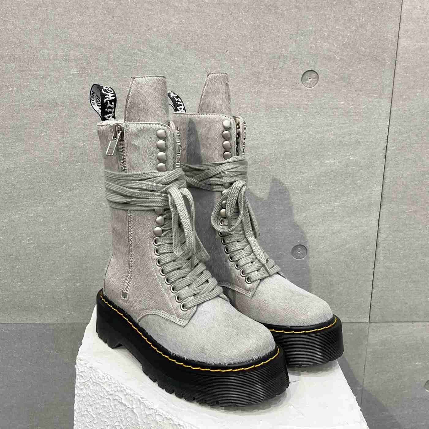 Rick Owens x Dr Martens Calf-hair Quad-sole Boots - FashionPlug