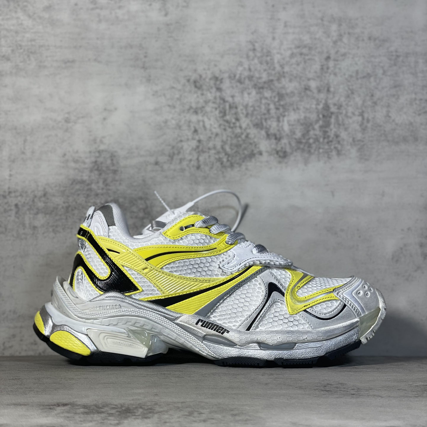 Balenciaga Runner 2.0 Sneaker In White, Yellow And Black Mesh And Polyurethane - FashionPlug