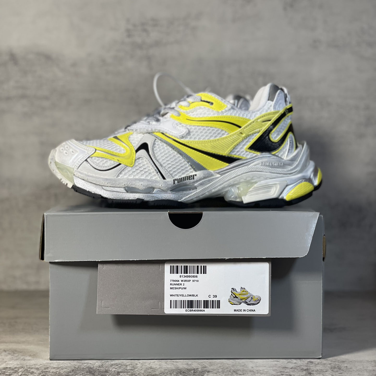 Balenciaga Runner 2.0 Sneaker In White, Yellow And Black Mesh And Polyurethane - FashionPlug