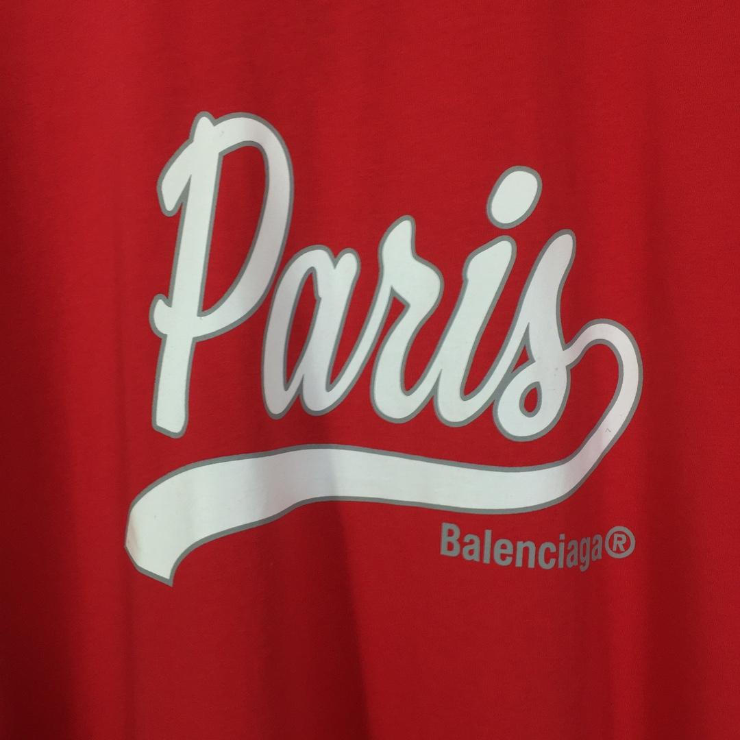 Balenciaga Red White Paris Logo Printed Cotton T-shirt - FashionPlug