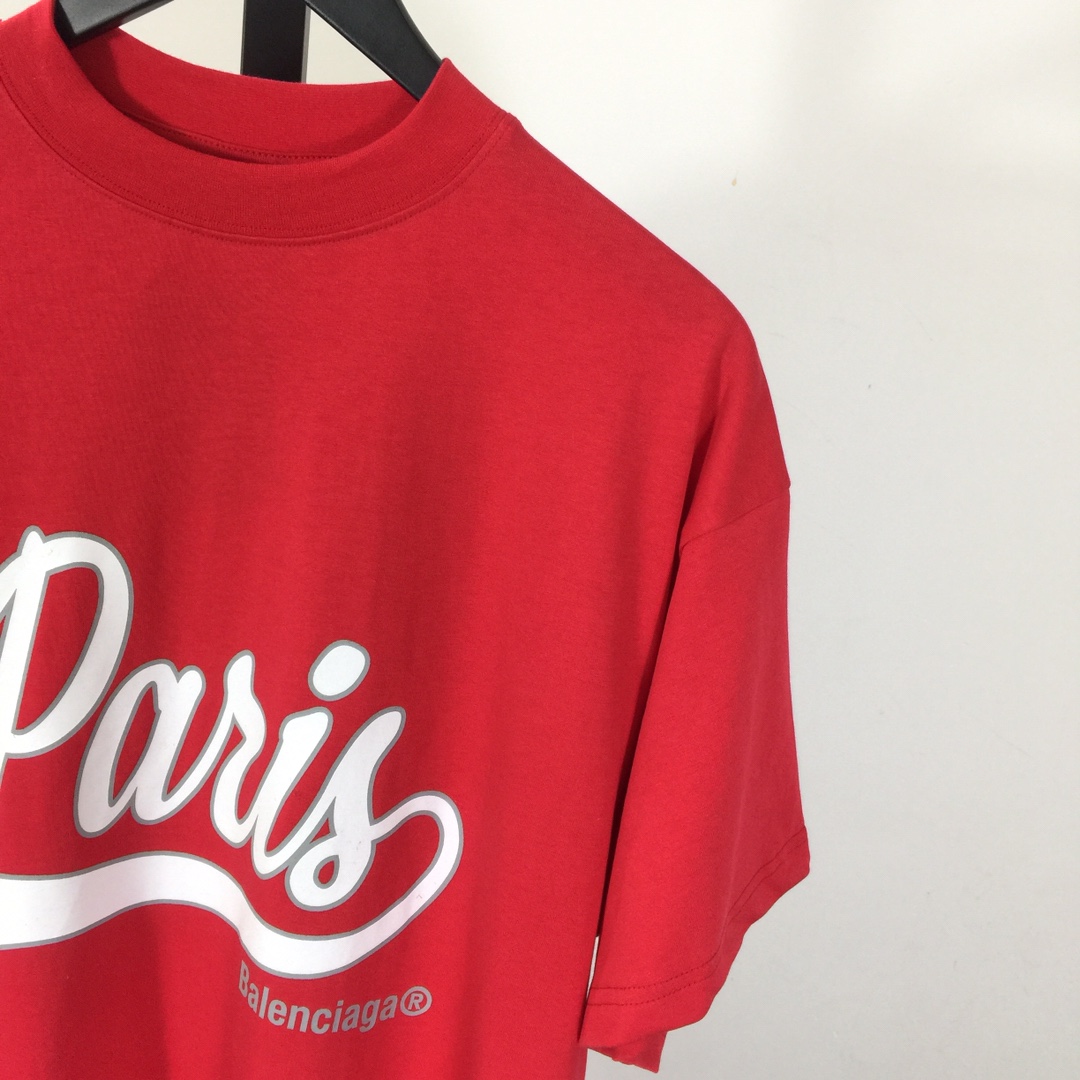 Balenciaga Red White Paris Logo Printed Cotton T-shirt - FashionPlug