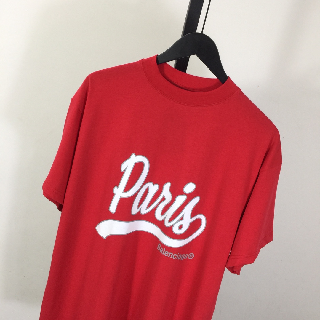 Balenciaga Red White Paris Logo Printed Cotton T-shirt - FashionPlug