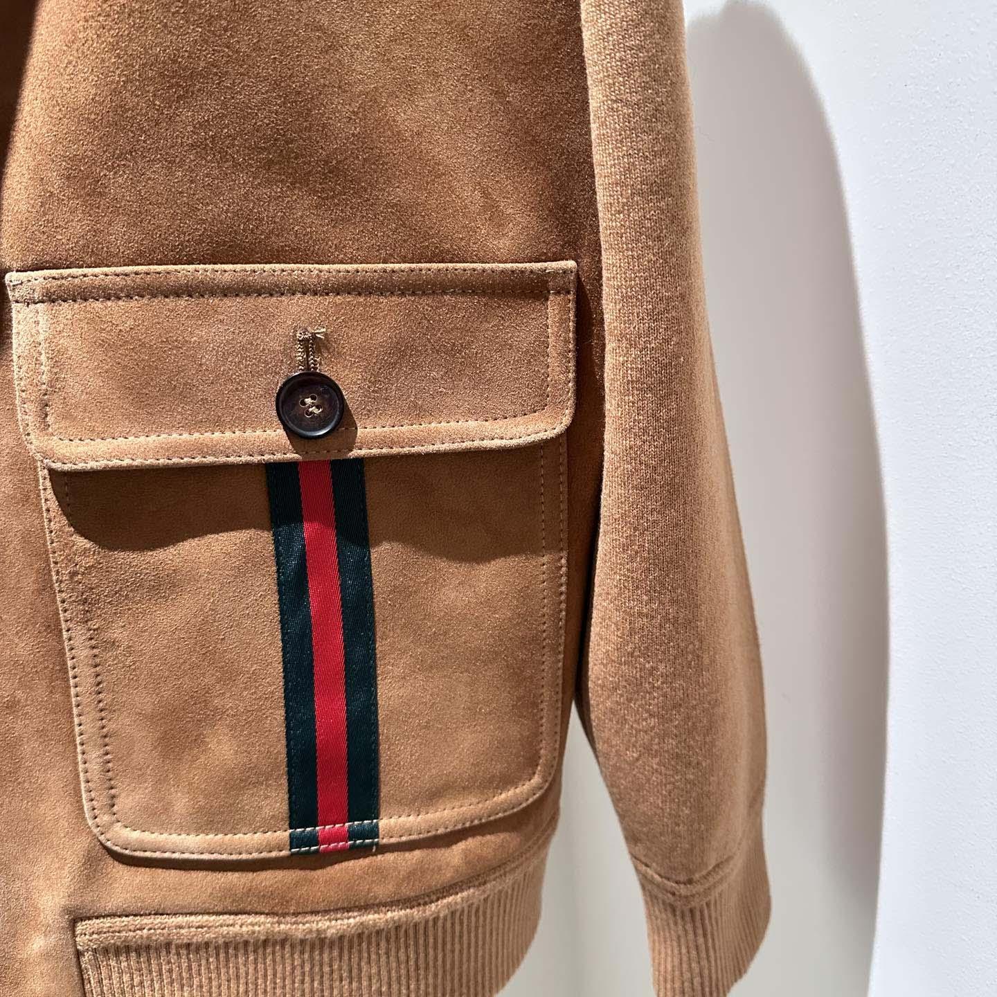 Gucci Suede Bomber Jacket With Web - FashionPlug