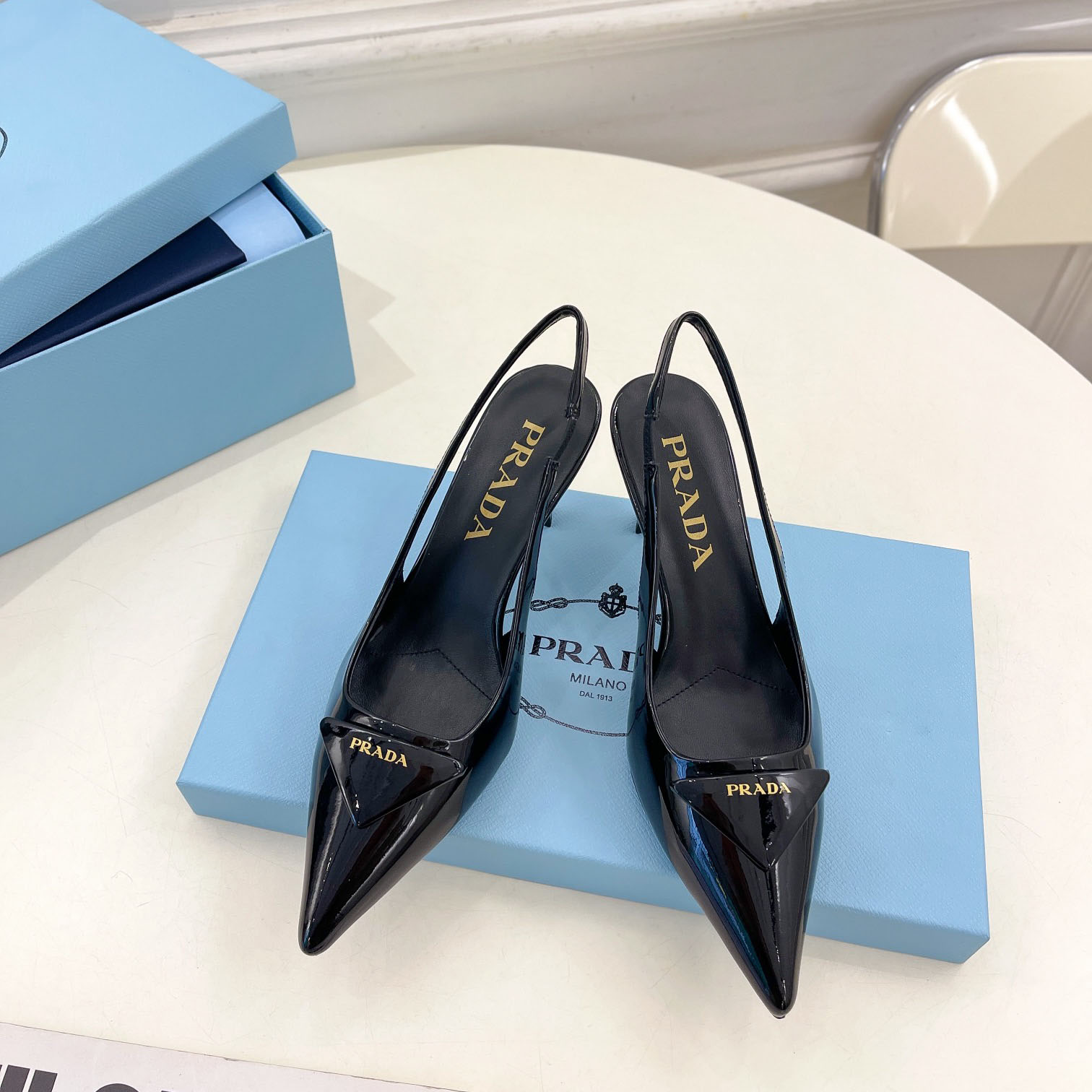 Prada 75m Patent Leather Slingback Pumps - FashionPlug