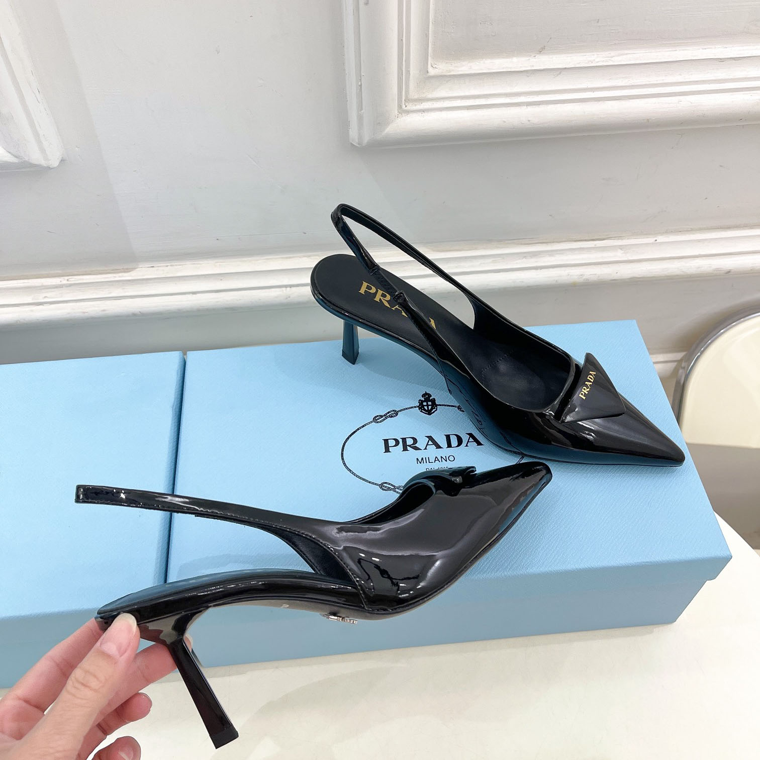 Prada 75m Patent Leather Slingback Pumps - FashionPlug