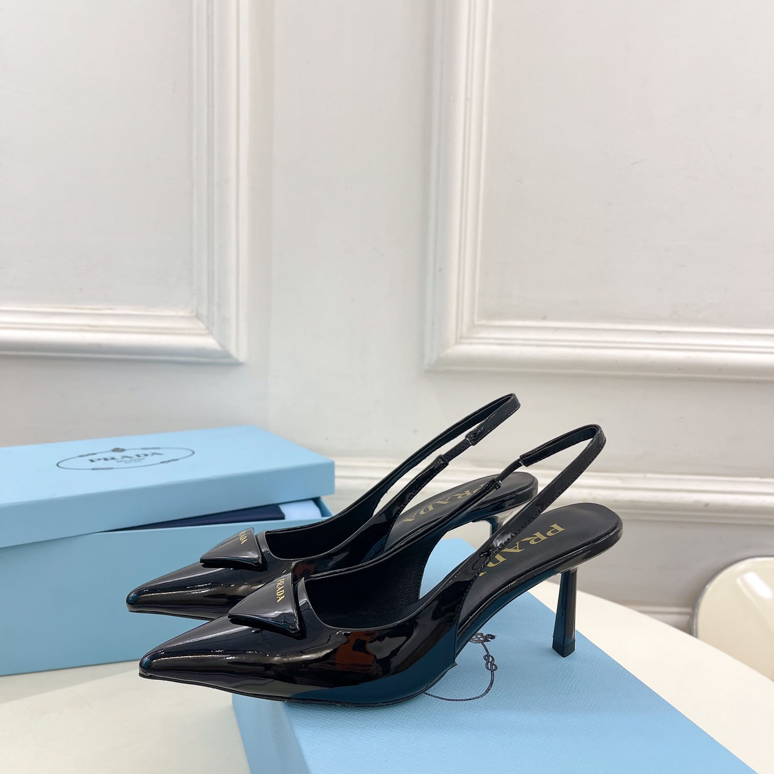 Prada 75m Patent Leather Slingback Pumps - FashionPlug