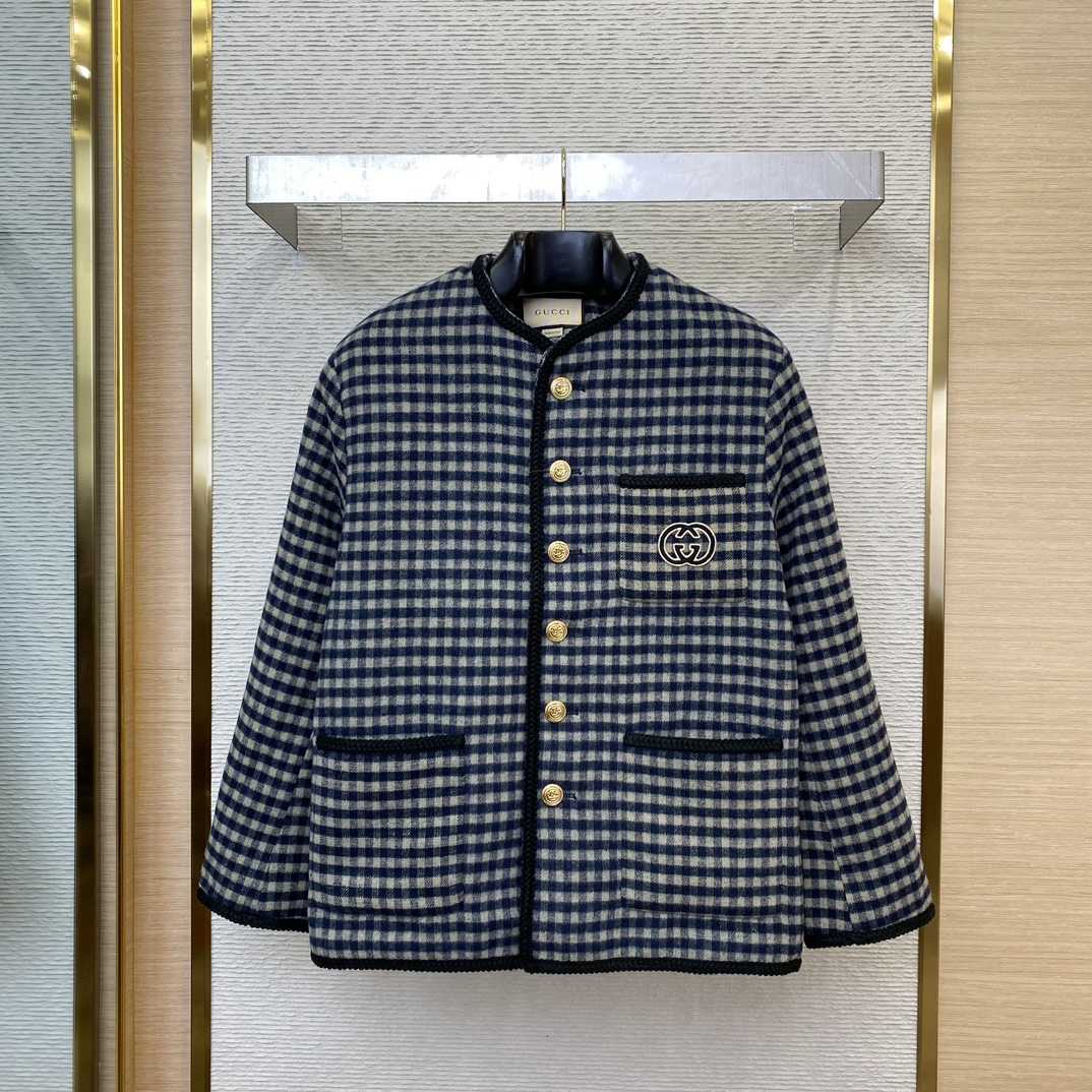 Gucci Wool Gingham Jacket With Interlocking G  - FashionPlug