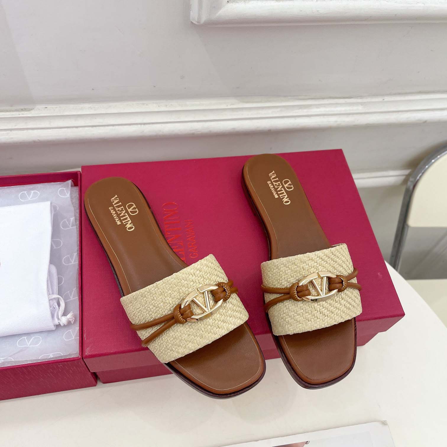 Valenti Garavani VLogo Raffia-trimmed Leather Slides - FashionPlug