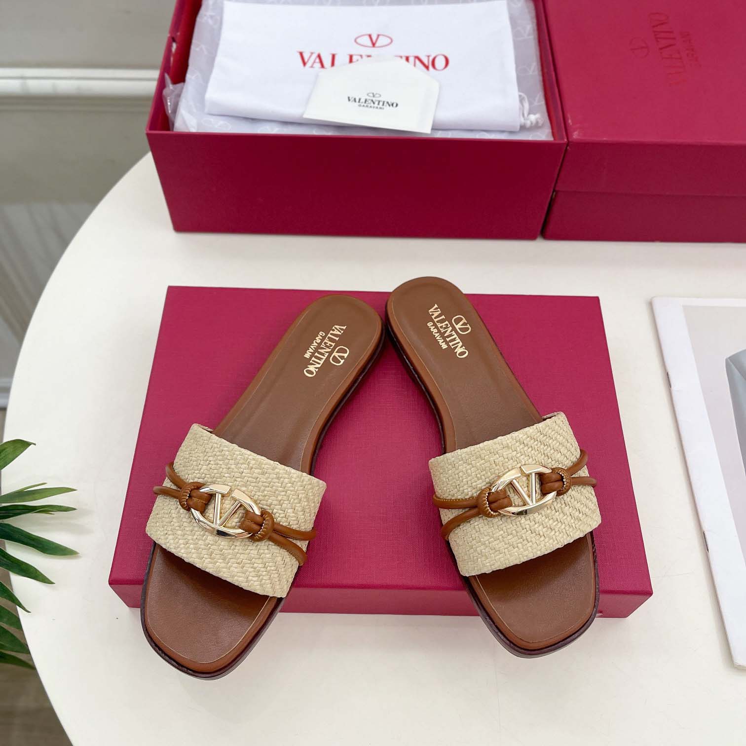 Valenti Garavani VLogo Raffia-trimmed Leather Slides - FashionPlug