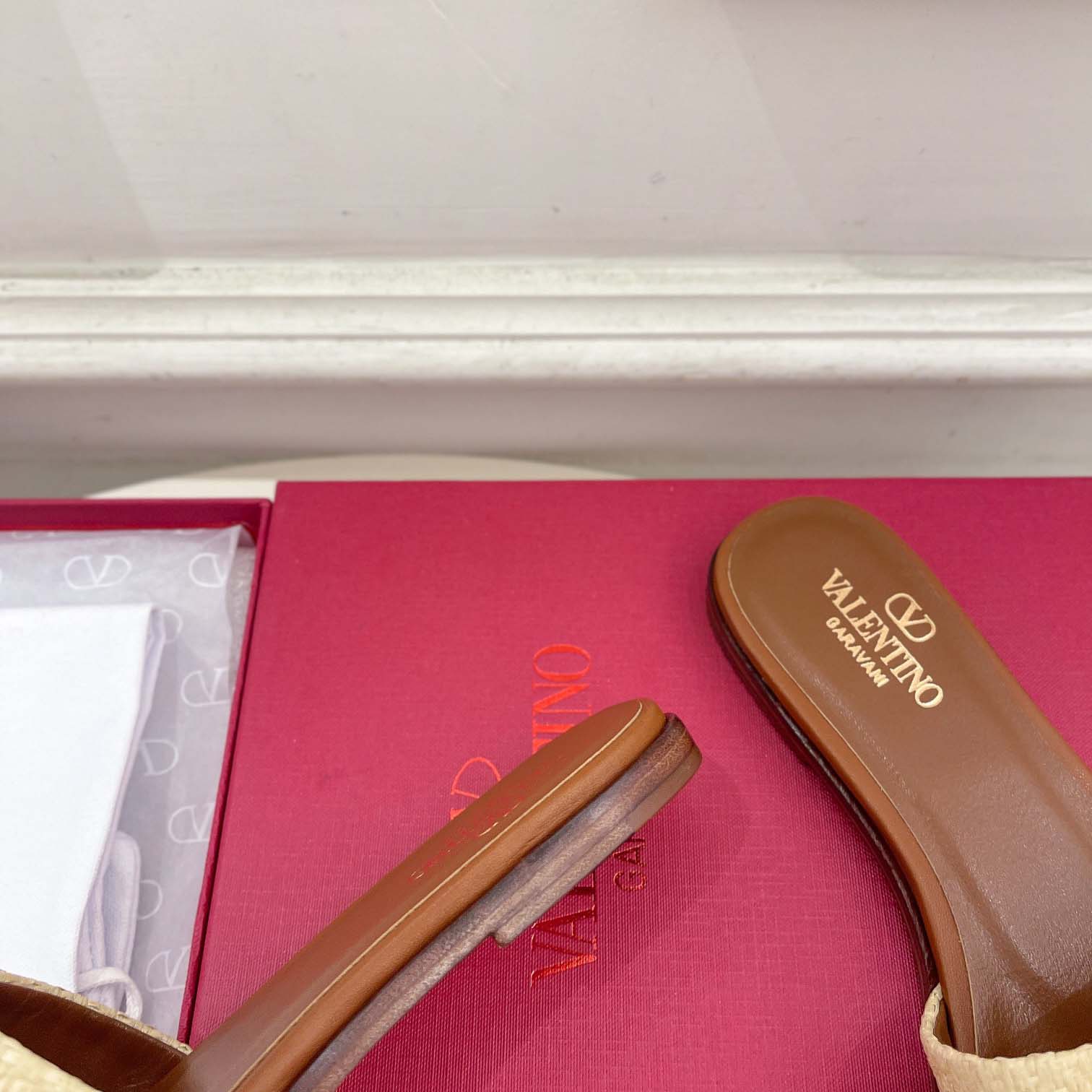 Valenti Garavani VLogo Raffia-trimmed Leather Slides - FashionPlug
