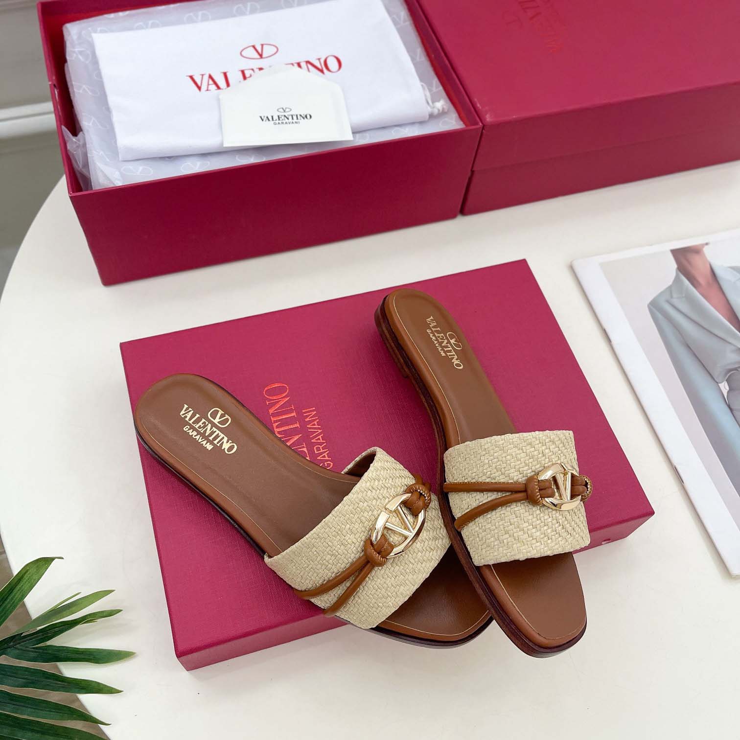 Valenti Garavani VLogo Raffia-trimmed Leather Slides - FashionPlug