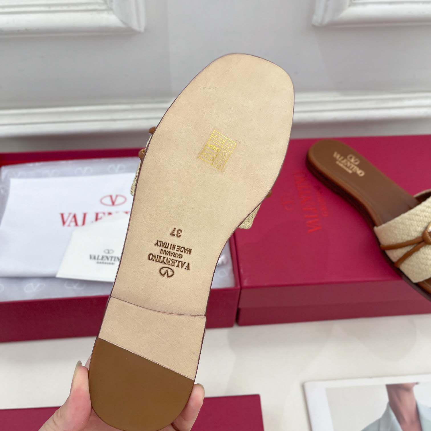 Valenti Garavani VLogo Raffia-trimmed Leather Slides - FashionPlug
