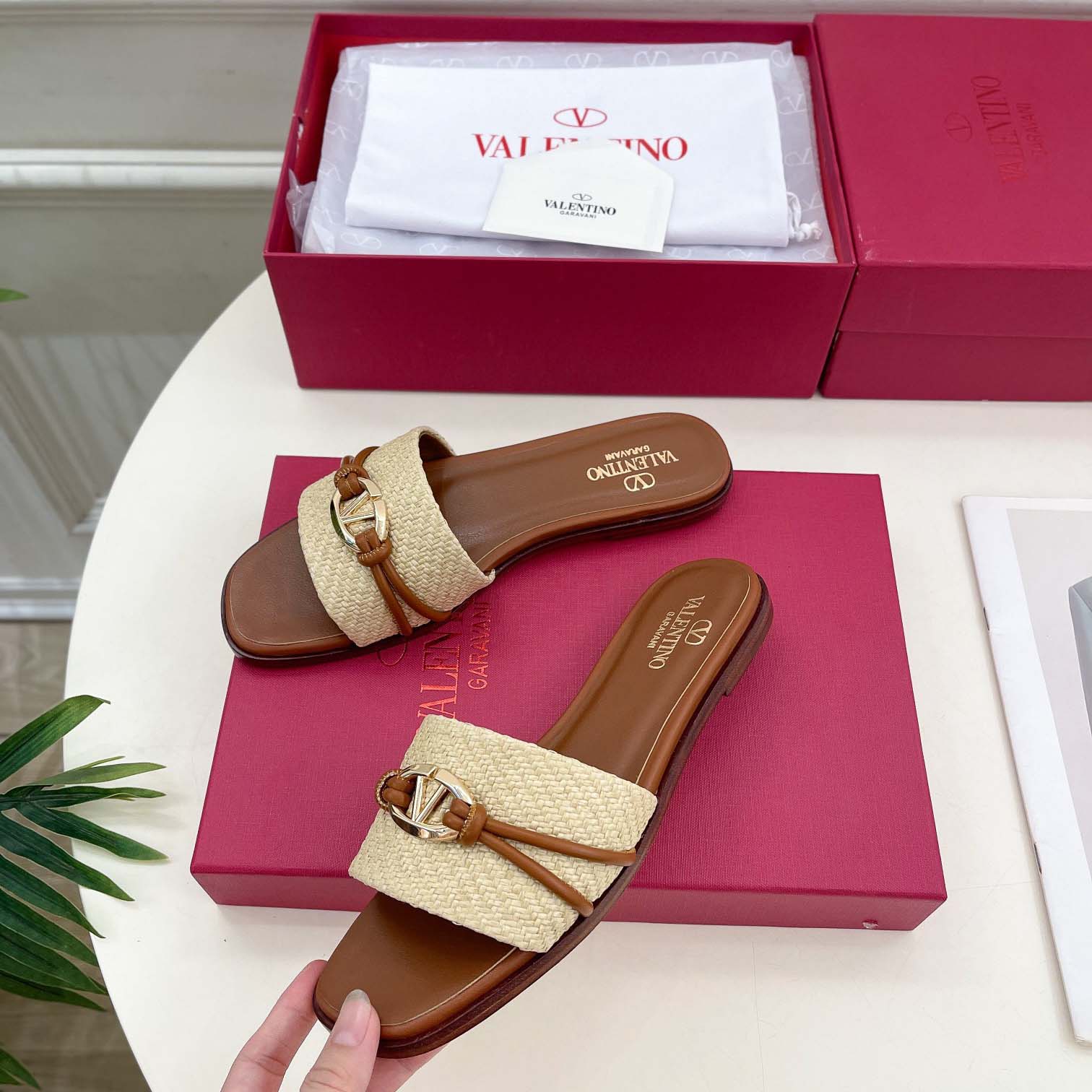 Valenti Garavani VLogo Raffia-trimmed Leather Slides - FashionPlug