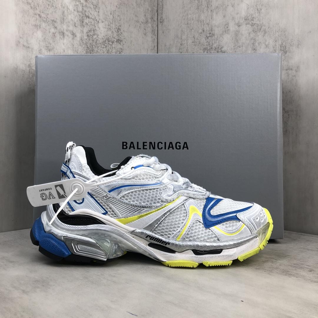 Balenciaga Runner 2.0 Sneaker In White, Yellow And Blue Mesh And Polyurethane - FashionPlug