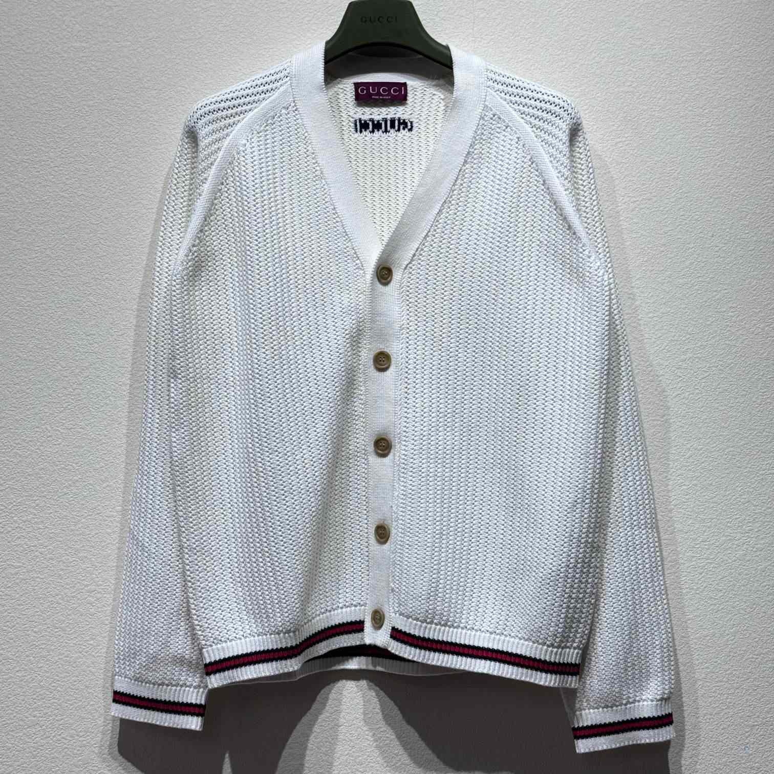 Gucci Ajour Cotton Knit Cardigan With Web - FashionPlug