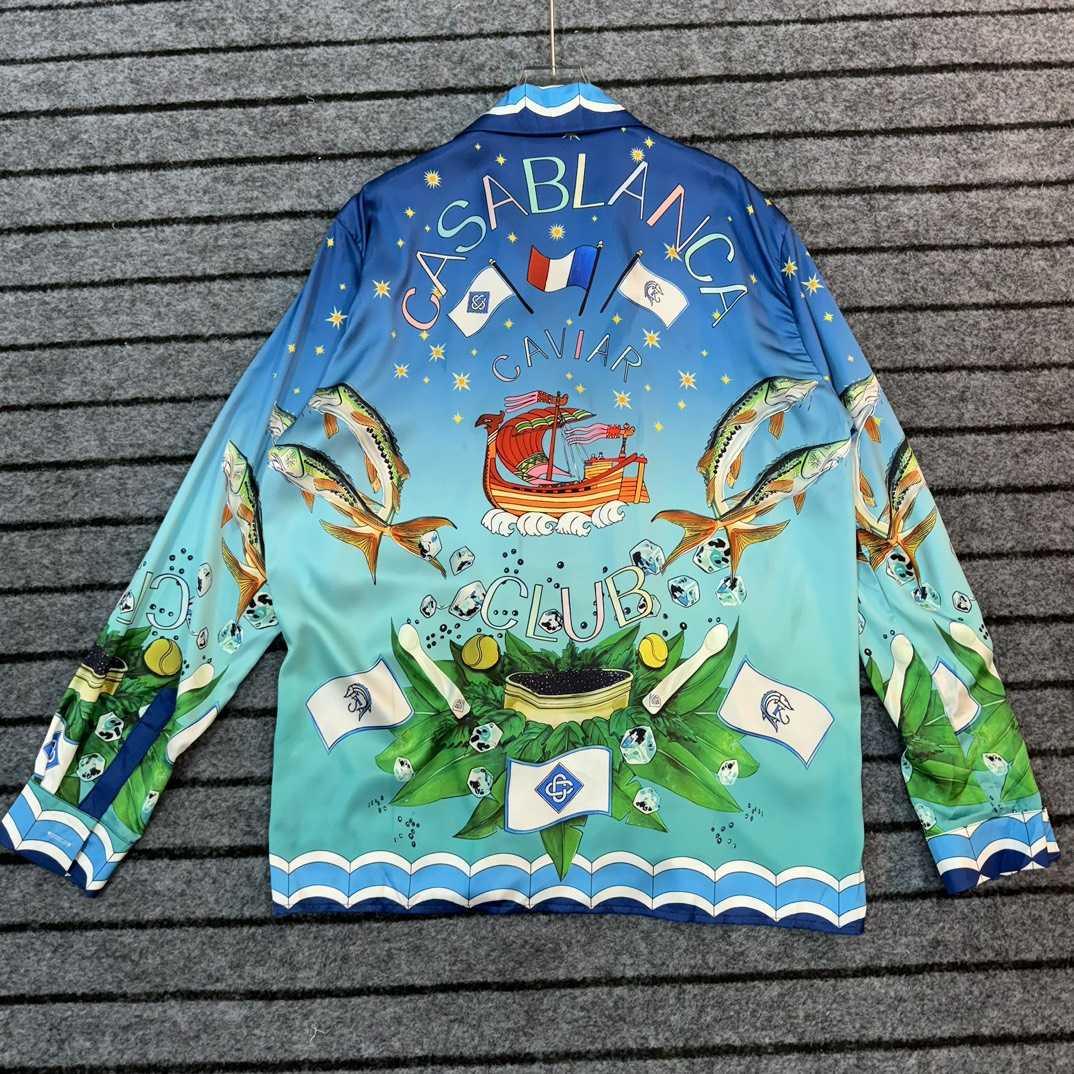Casablanca x Caviar Kaspia Caviar Club Cuban Collar Silk Shirts - FashionPlug