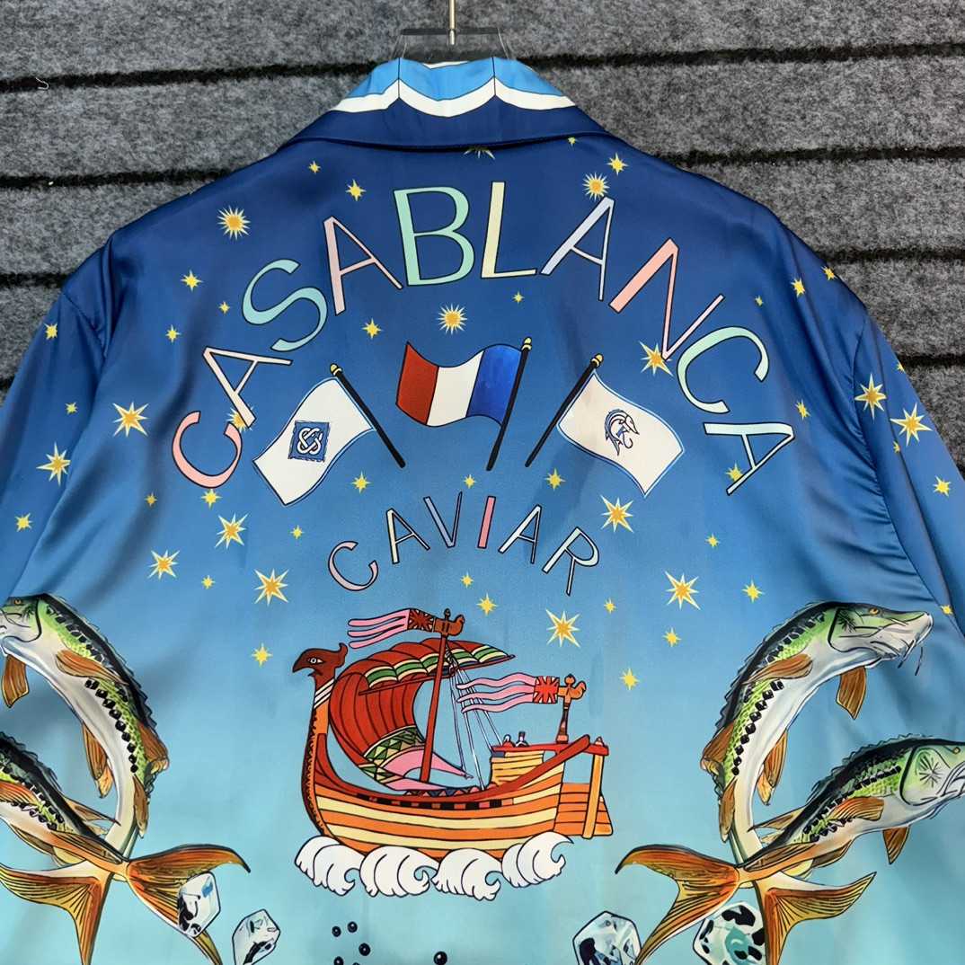 Casablanca x Caviar Kaspia Caviar Club Cuban Collar Silk Shirts - FashionPlug