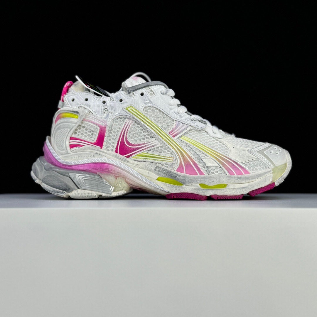Balenciaga Runner Gradient Sneaker In White, Pink, Grey And Neon Yellow Mesh - FashionPlug