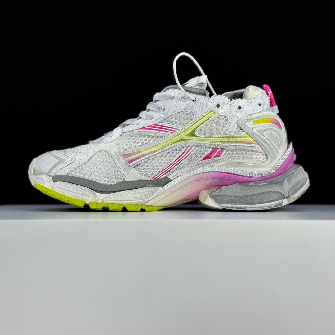 Balenciaga Runner Gradient Sneaker In White, Pink, Grey And Neon Yellow Mesh - FashionPlug