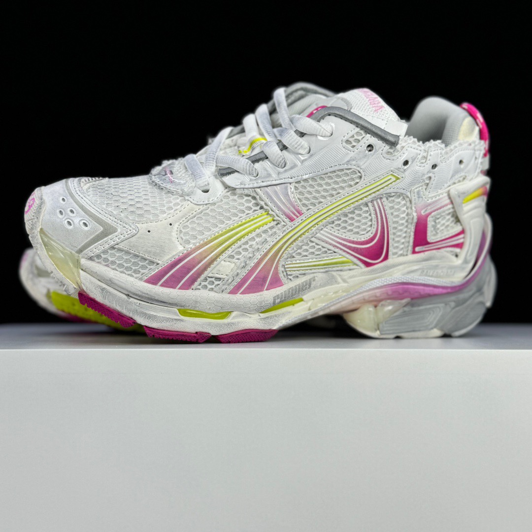 Balenciaga Runner Gradient Sneaker In White, Pink, Grey And Neon Yellow Mesh - FashionPlug