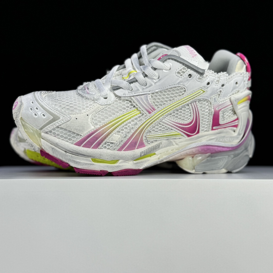 Balenciaga Runner Gradient Sneaker In White, Pink, Grey And Neon Yellow Mesh - FashionPlug