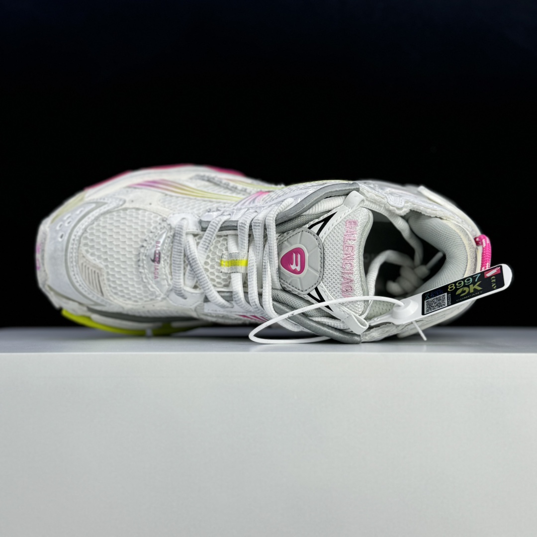 Balenciaga Runner Gradient Sneaker In White, Pink, Grey And Neon Yellow Mesh - FashionPlug