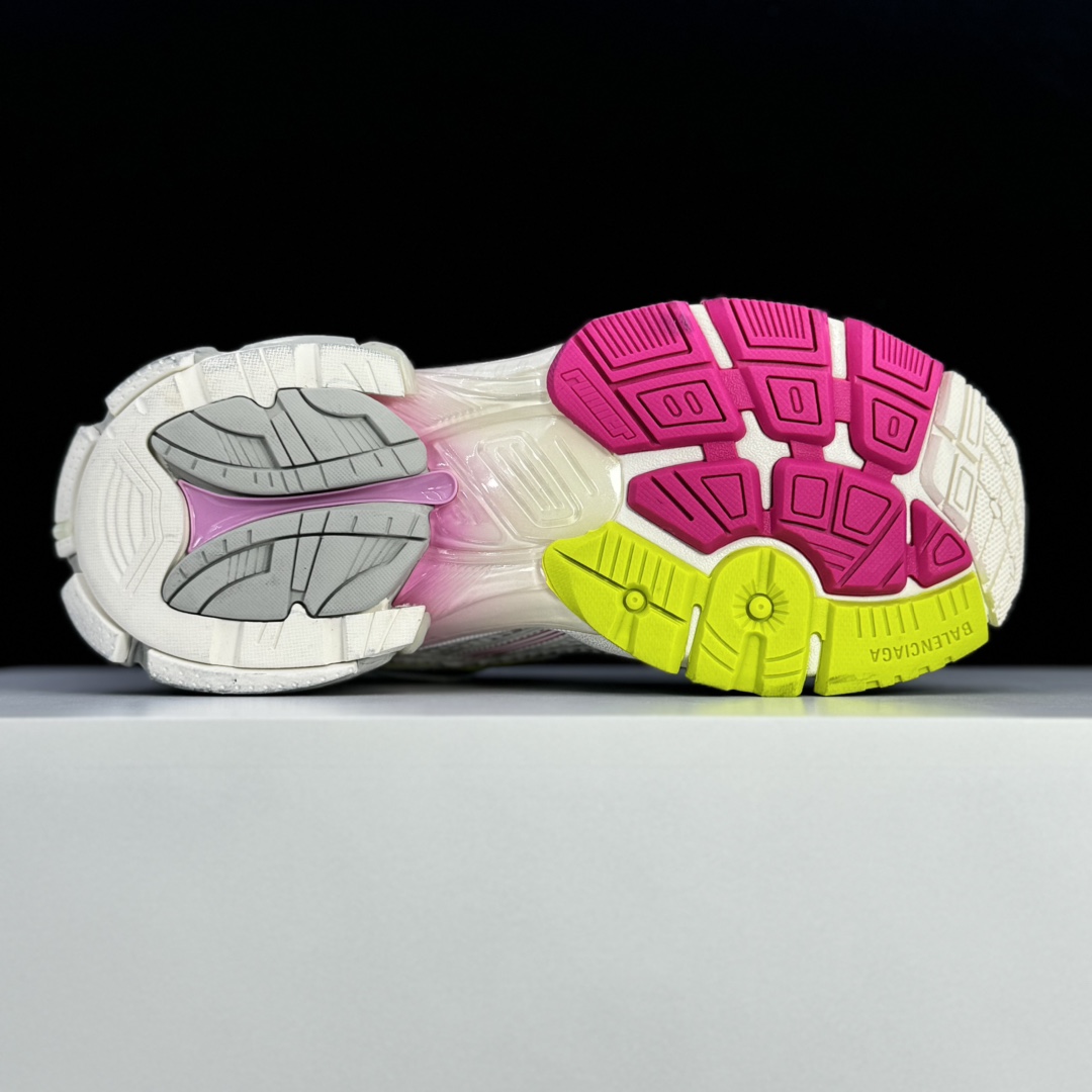 Balenciaga Runner Gradient Sneaker In White, Pink, Grey And Neon Yellow Mesh - FashionPlug