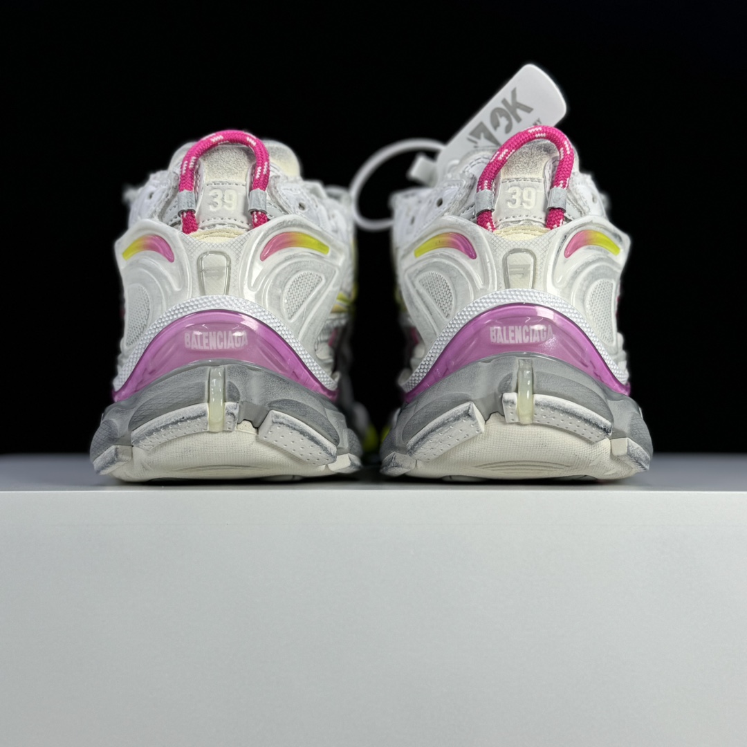 Balenciaga Runner Gradient Sneaker In White, Pink, Grey And Neon Yellow Mesh - FashionPlug
