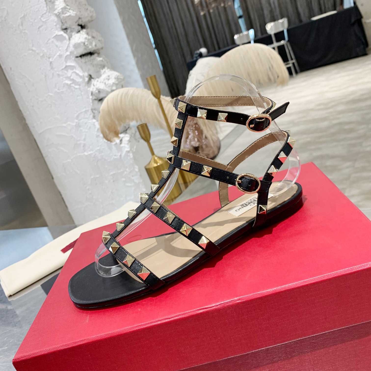 Valenti Rockstud Flat calfskin Sandal With Straps  - FashionPlug