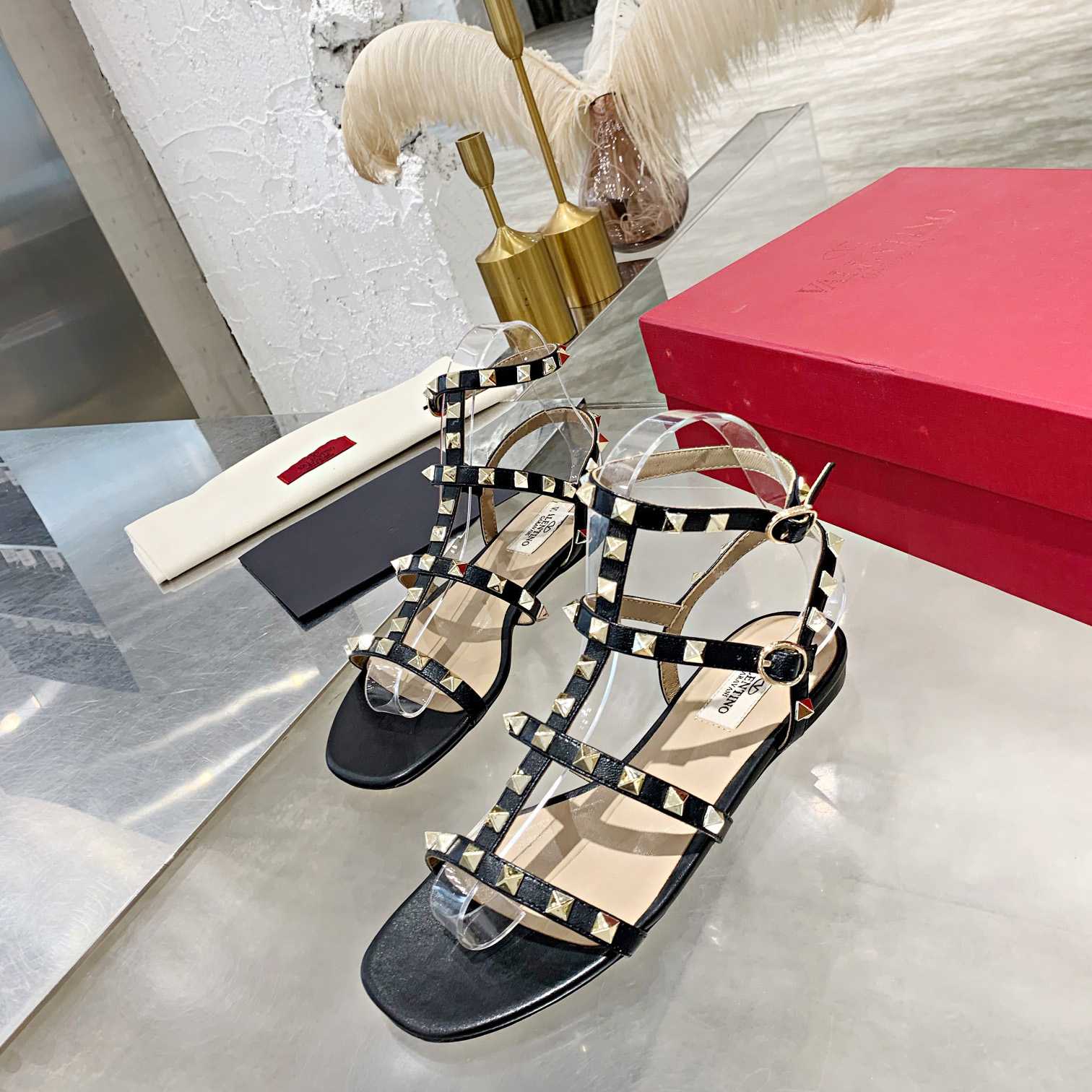 Valenti Rockstud Flat calfskin Sandal With Straps  - FashionPlug