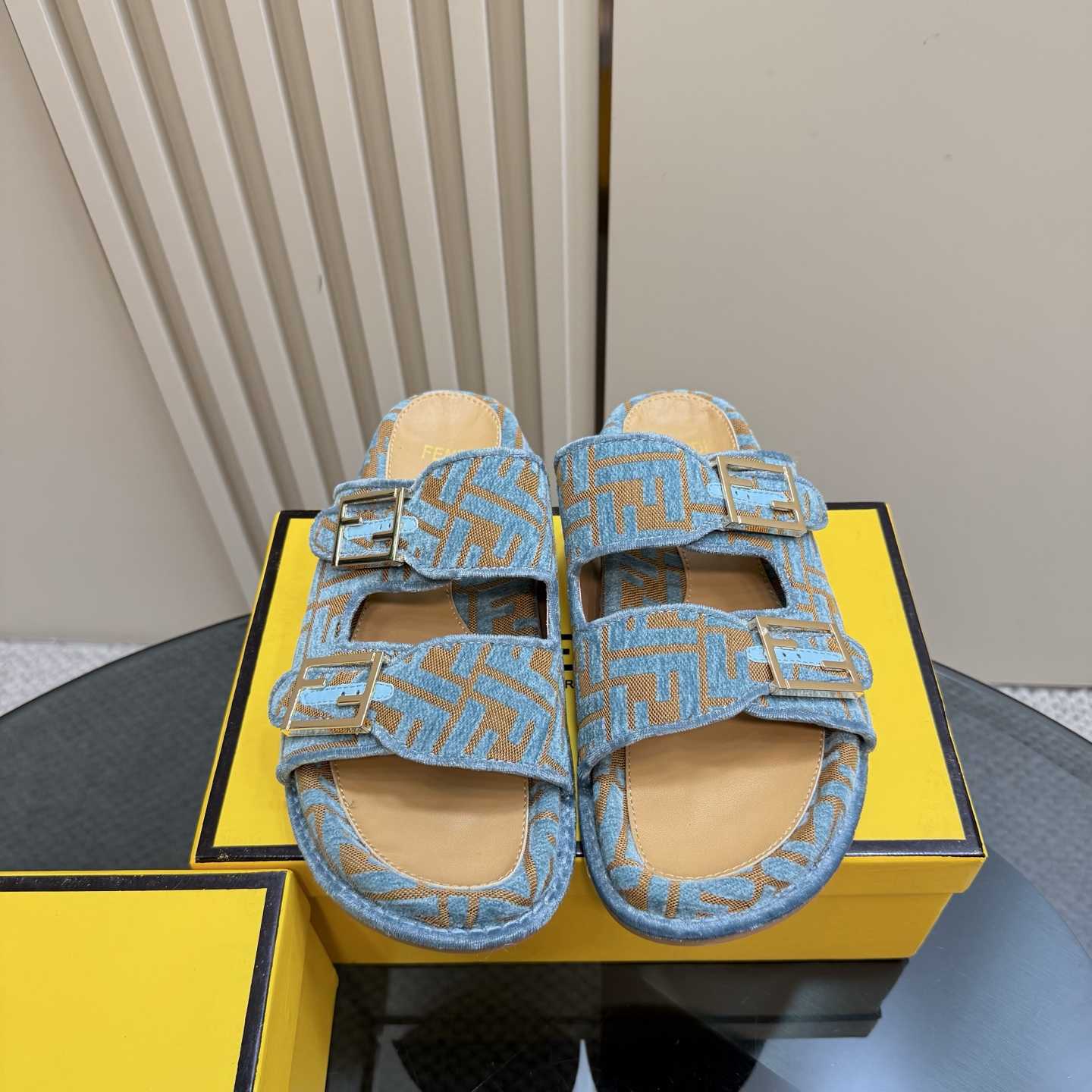 Fendi Feel Light Blue FF Jacquard Velvet Slides - FashionPlug