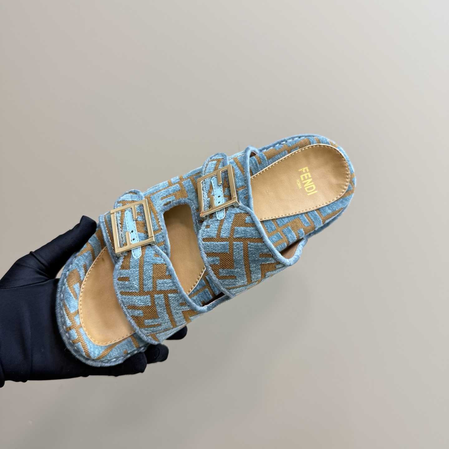 Fendi Feel Light Blue FF Jacquard Velvet Slides - FashionPlug