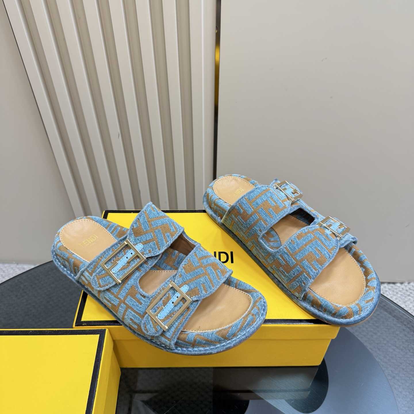 Fendi Feel Light Blue FF Jacquard Velvet Slides - FashionPlug
