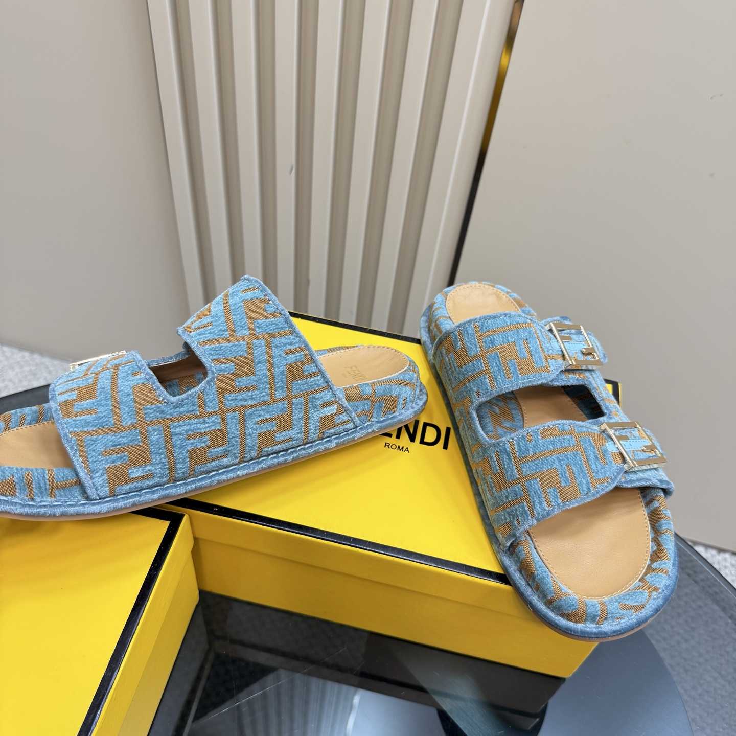 Fendi Feel Light Blue FF Jacquard Velvet Slides - FashionPlug