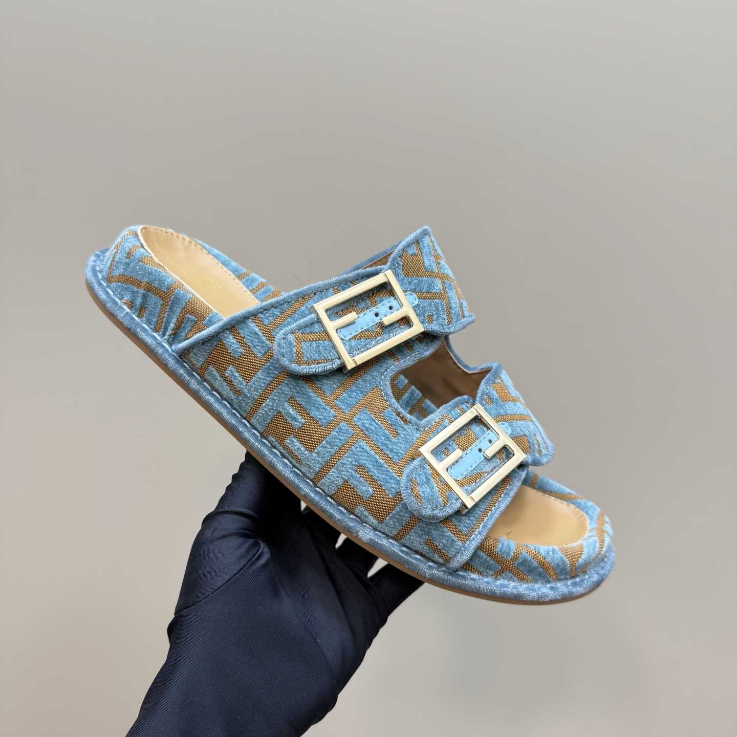 Fendi Feel Light Blue FF Jacquard Velvet Slides - FashionPlug